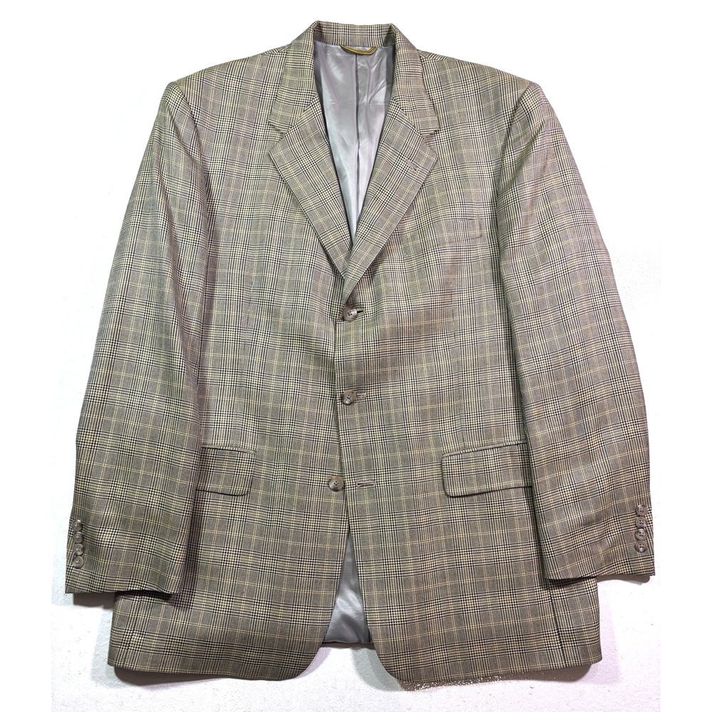 vtg tan plaid Hart Schaffner Marx blazer jacket sport suit coat silk wool 44L